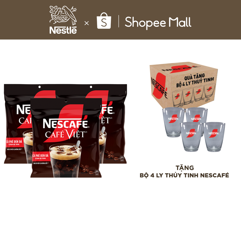 [Tặng Bộ 4 ly thủy tinh Nescafe] Combo 3 Bịch Cà phê đen hòa tan NESCAFE Café Việt (Túi 35 gói x 16g)