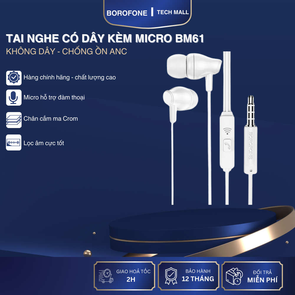 Tai nghe có dây Borofone BM61 3,5mm chính hãng hỗ trợ đàm thoại bảo hành 12 tháng