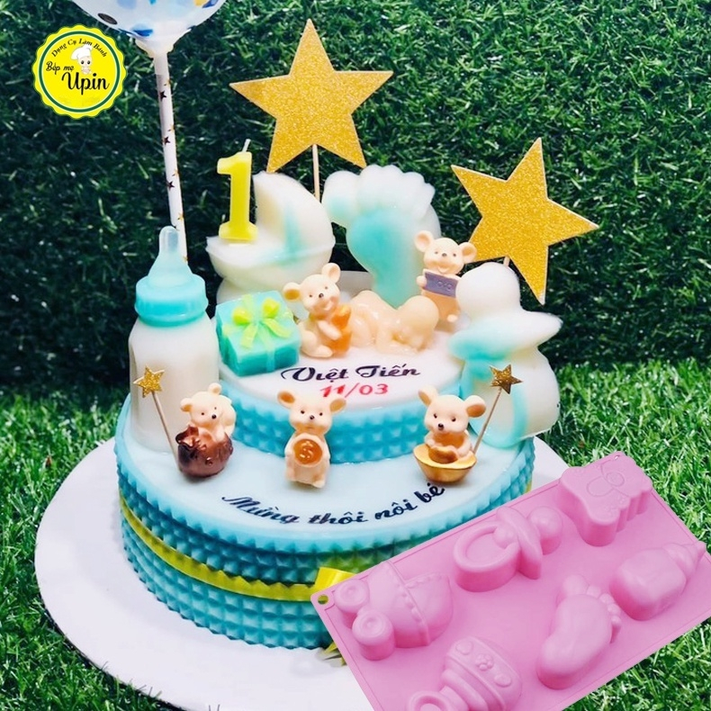 Khuôn silicon 6 hình Bình bú núm ti , Xe nôi , Bàn chân làm bánh thôi nôi em bé đổ tạo hình cho bánh rau câu mâm cúng