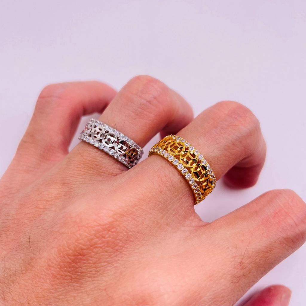 Nhẫn kim tiền titan đính đá bền màu, Nhẫn nữ đẹp kiểu dáng kim tiền chất liệu bằng titan mã 42, tran