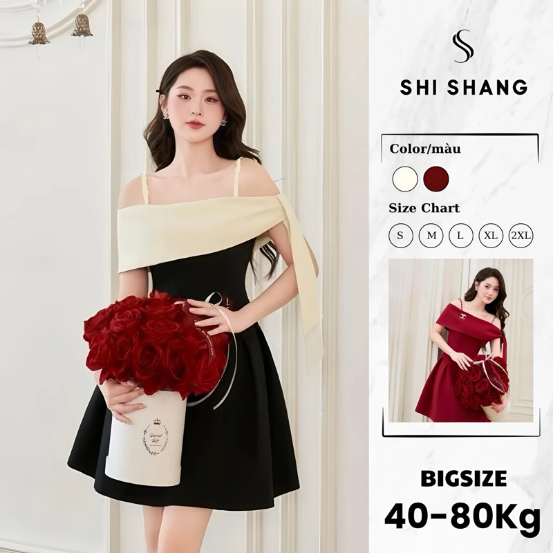 [𝐌𝐮𝐬𝐭 𝐇𝐚𝐯𝐞] Đầm thiết kế Shi Shang, đầm dự tiệc trễ vai buộc nơ dáng xoè thanh lịch, cao cấp | BigBuy360 - bigbuy360.vn