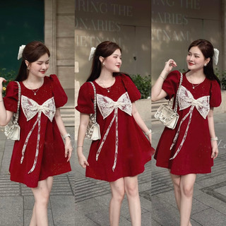 [SẴN] Đầm BBD nhung đỏ kim tuyến đính nơ ren trắng noel/tết NÀNG CLOSET