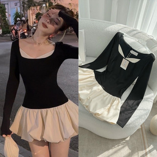 Đầm đen tay dài cổ vuông phối tùng bí phồng NÀNG CLOSET