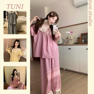 Bộ Đồ Ngủ Kẻ Caro Thắt Nơ Xinh Xắn Áo Tay Cộc Quần Dài Tuni.studio T09