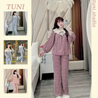 Freesize 63kg Bộ Đồ Ngủ Kẻ Caro Thắt Nơ Xinh Xắn Áo Tay Dài Quần Dài Tuni.studio T05caro