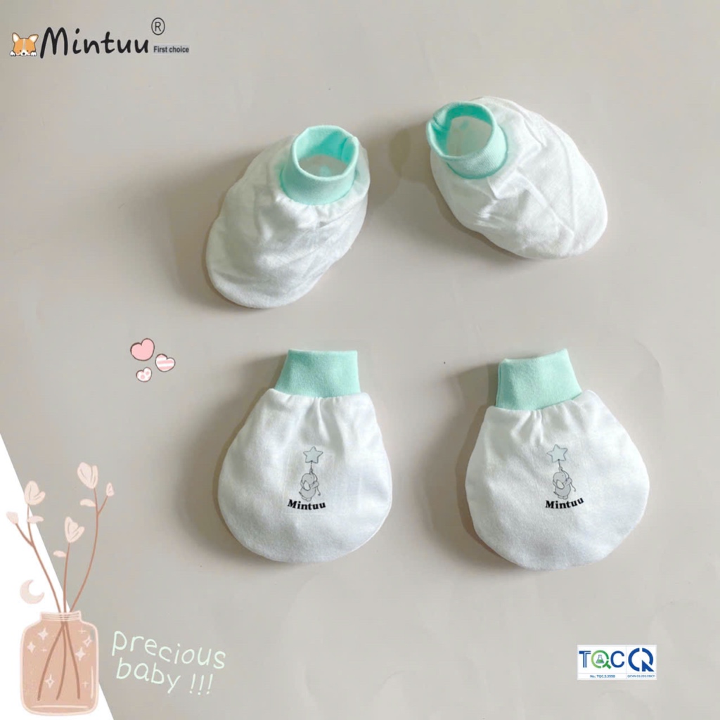 Bộ bao tay bao chân cho bé sơ sinh, bao tay chân viscose rayon trắng in hình MINTUU - 3361