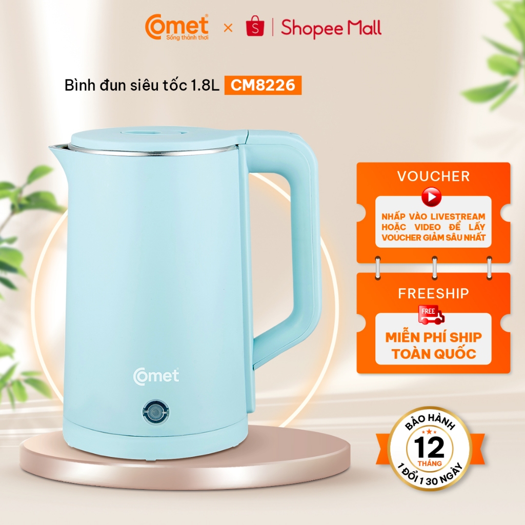   Hỏa tốc HCM  Bình đun siêu tốc 2 lớp 1.8L màu xanh mint COMET - CM8226 