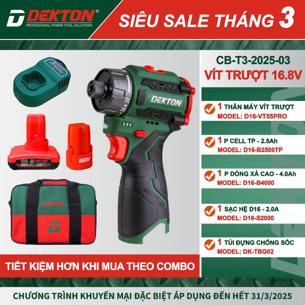 Máy chuyên vít 20 cấp trượt 2 tốc độ 14V 16,8V Dekton D16-VT55PRO 55Nm giá tốt
