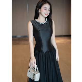 Đầm đi dự tiệc, váy dự tiệc cổ tròn đính đá không tay chân voan xòe dài thiết kế sang trọng thanh lịch LEVAN Jennies