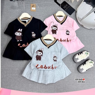 Xả Set bộ bé gái HN801, Set áo Labubu cổ tim túi ngực kèm chân váy cotton cho bé