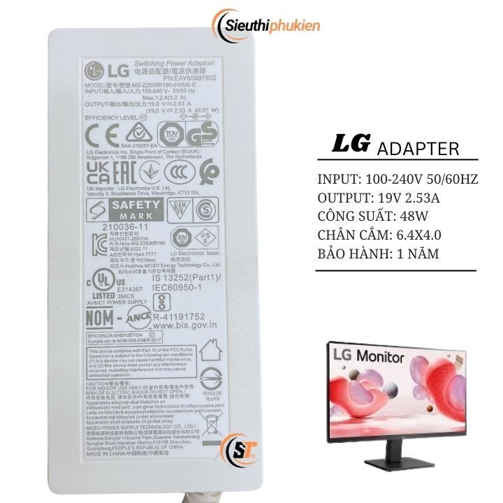 Adapter nguồn màn hình máy tính LG 19v 2.4a / 19v 2.53a chính hãng - Bảo hành 1 năm