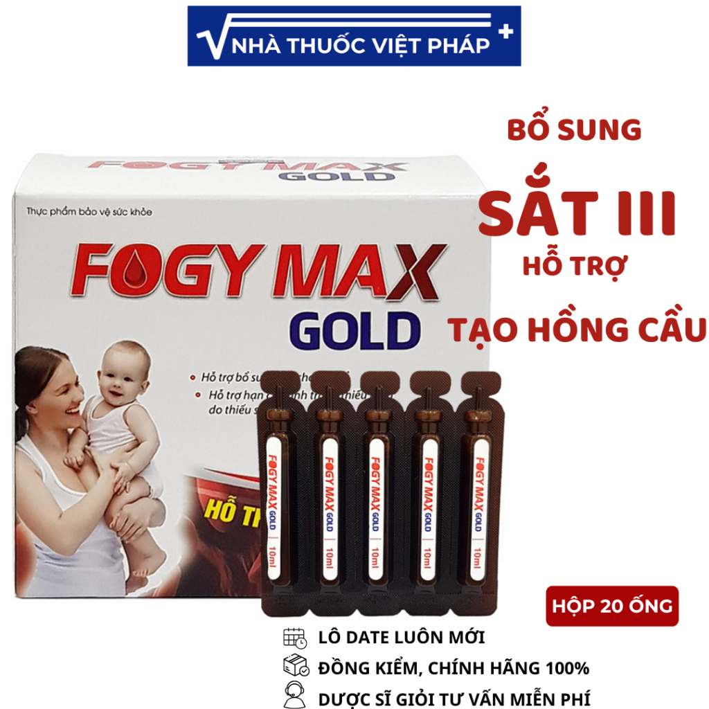 Fogy max gold, Hỗ trợ bổ sung sắt cho cơ thể, hạn chế tình trạng thiếu máu do thiếu sắt. Hộp 20 ống