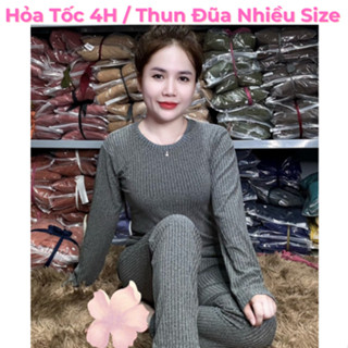 Set Bộ Nữ, Bộ Ủ Kem Chất Thun Gân Đũa Cổ Tròn Tay Dài Quần Baggy Dài Từ 45-85kg Nhiều Size