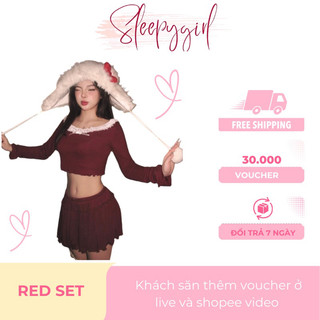 Red Set đồ ngủ nữ SLEEPY GIRL áo dài tay chân váy nữ mặc nhà sexy quyến rũ thun thoáng mát SV001D 