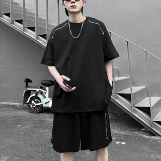 Bộ quần áo hè thể thao nam nữ viền khoá phong cách Hàn Quốc, quần áo cộc tay form rộng chất cotton chéo cao cấp