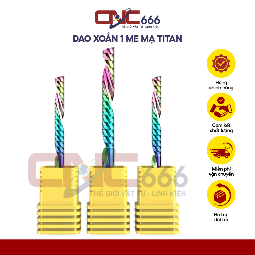 Dao Cắt CNC Mũi Phay CNC 1 Me Xoắn Mạ Titan - Mũi Dao CNC Căt Fomex, Mica, Alu, Gỗ MDF - CNC666