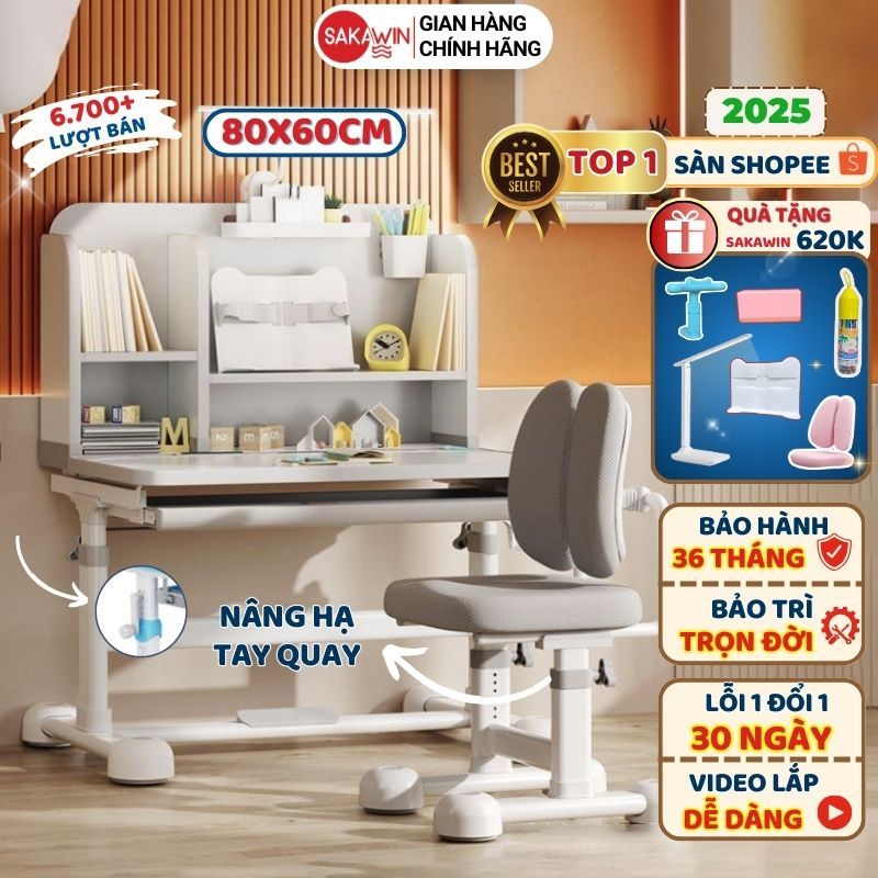 (Đặc Biệt) Bộ bàn học chống gù Sakawin A16 Plus, Bàn ghế học sinh có giá sách Màu xám Mới Nâng hạ tay quay tiện lợi