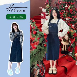 Váy yếm jean nữ dáng dài, váy mặc tết 2025 đầm bò phối túi trước 2 dây điều chỉnh Y02 Hibena