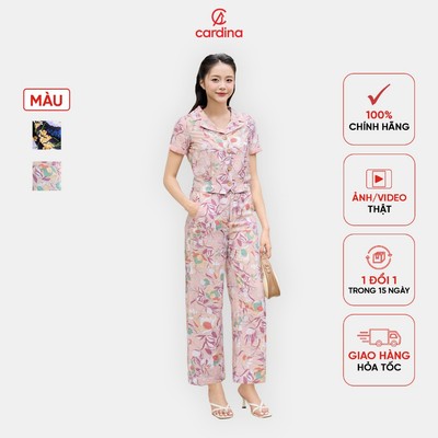 Bộ đồ nữ CARDINA chất liệu đũi thô họa tiết, quần dài cổ phối áo vest 4SQR01