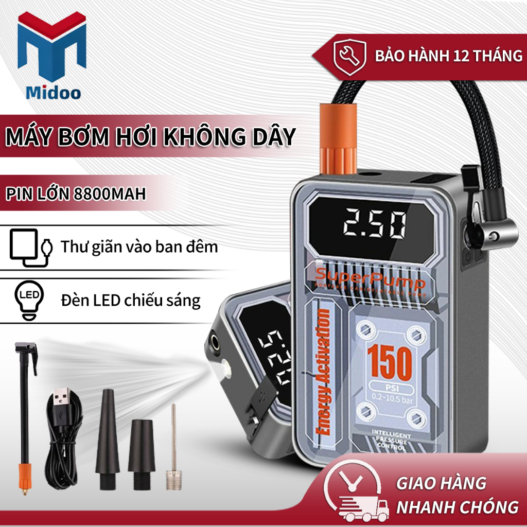 Bơm lốp xe hơi đa năng mini công suất 120W áp suất 150 PSI cầm tay không dây/ có dây nhỏ gọn