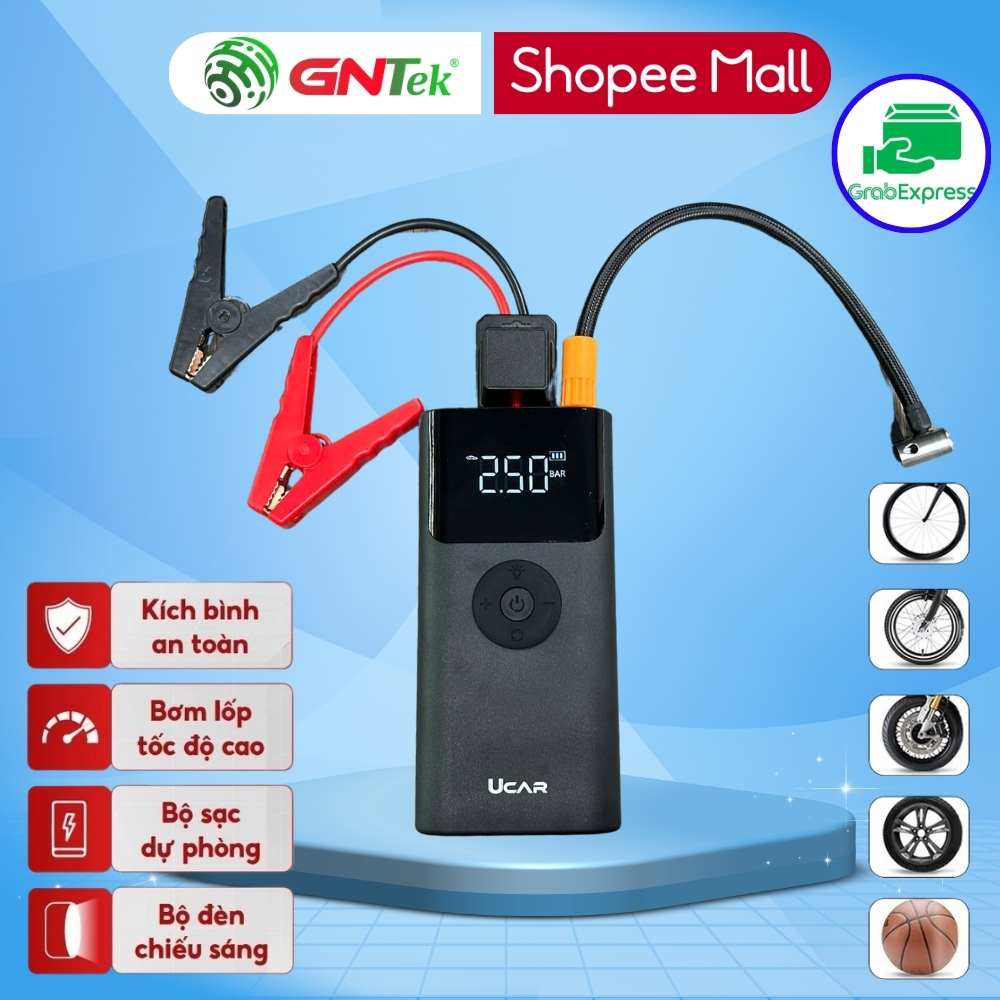 Kích bình ô tô kiêm bơm lốp ô tô 4 trong 1 UCAR J02 Plus sử dụng bộ kẹp thông minh, an toàn, chống ngược cực