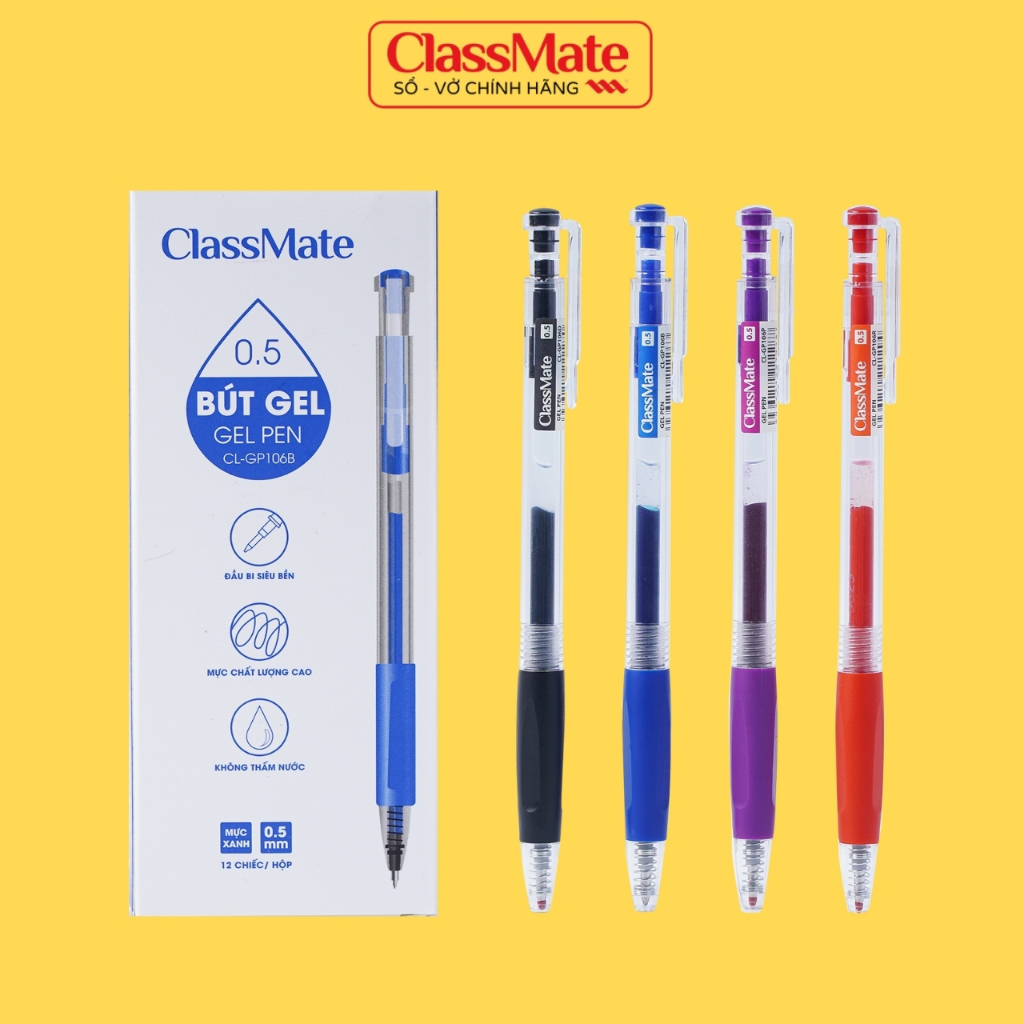 Hộp 12 Bút Gel Classmate Ngòi 0.5mm, Mực Không Thấm Nước Bút Gel Đen Xanh Tím Đỏ, Ghi Chép, Viết Bài