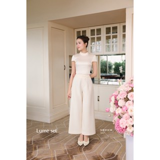 JOIE DES ROSES - Set áo lụa dáng lửng tay hến và quần dài dáng suông phối đai nơ Lume Set