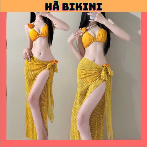 Ms 081 BIKINI Tam giác đính hoa, phối khăn quấn ren dài hàng QC cao cấp, hai màu HÀ BIKINI | BigBuy360 - bigbuy360.vn