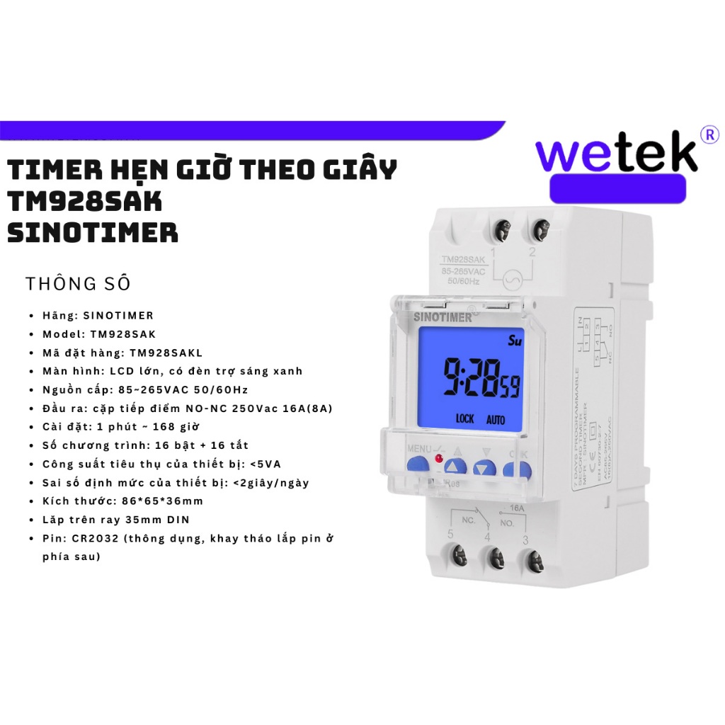 Timer 24h 7 ngày TM928SAK (TM928SAKL, TM928S, TM928) 16A Sinotimer cài theo giây, có pin thay được