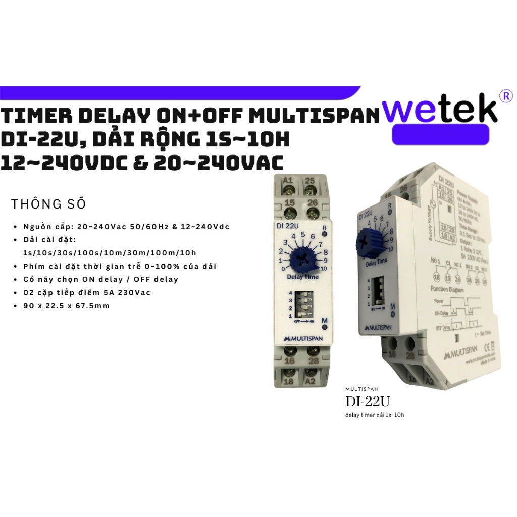 Multispan DI-22 timer đóng trễ mở trễ dải rộng công nghiệp  (on delay off delay) 0.1s tới 10h, 2 cặp