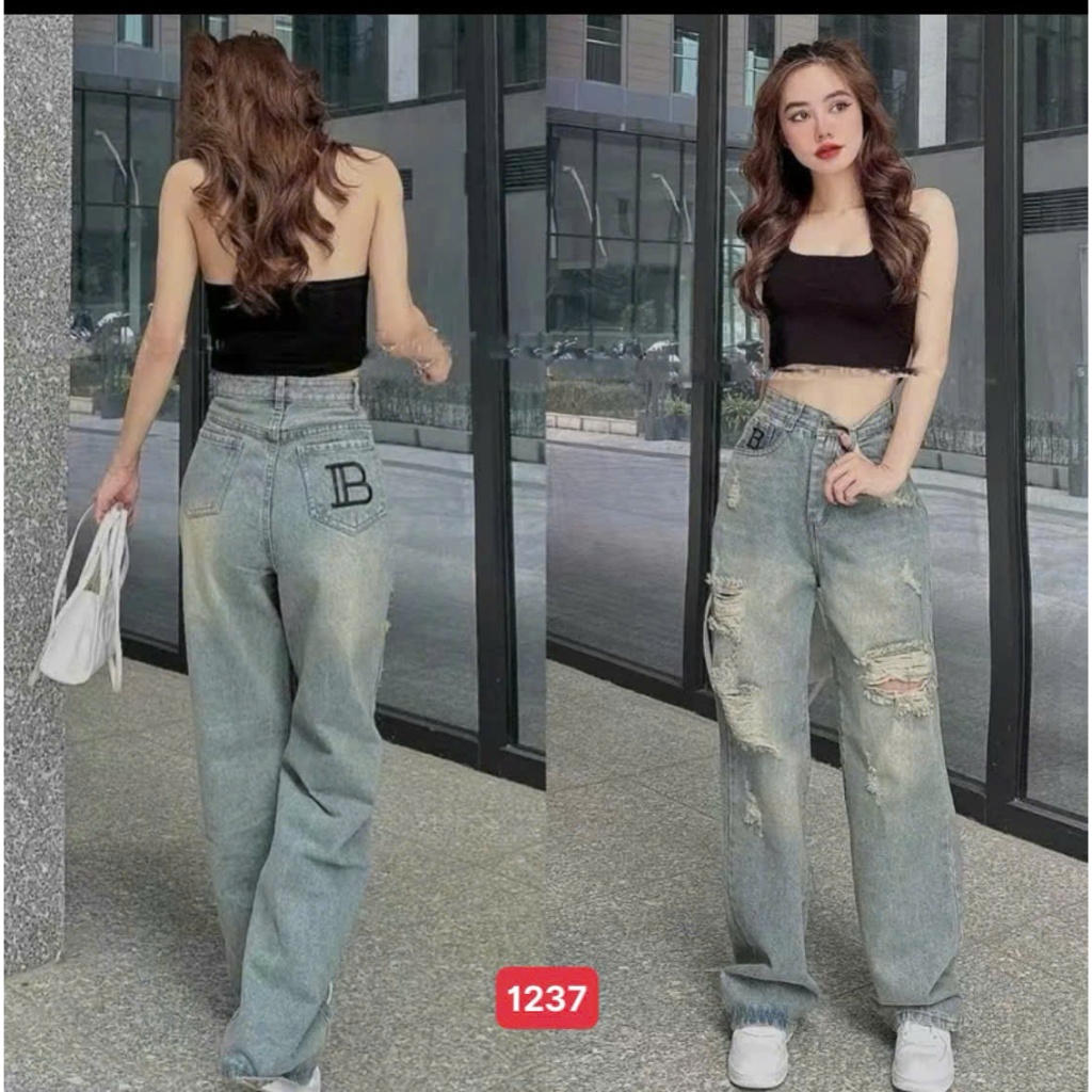 Quần beggy màu xanh kiểu rách in hoạ tiết ống rộng thiết kế trẻ trung cá tính solo-store-BG1237
