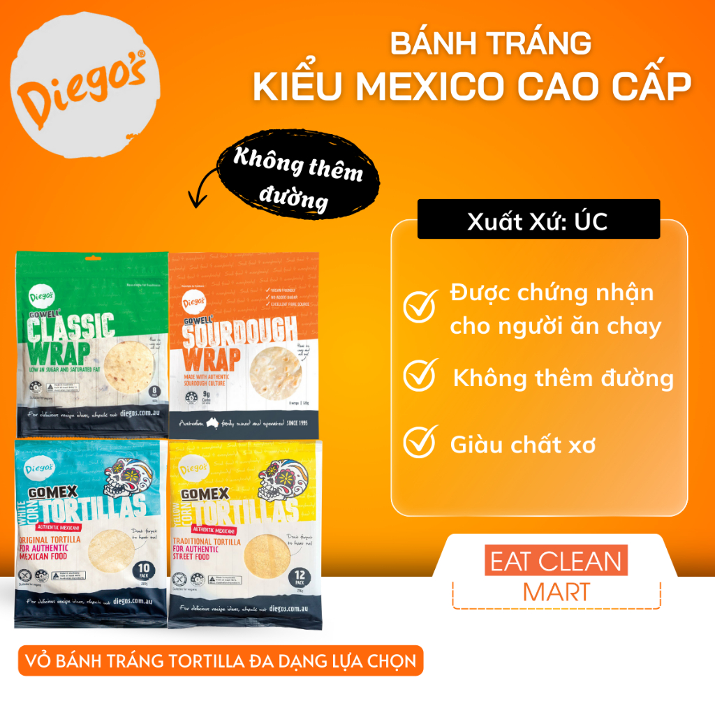Vỏ bánh Tortilla vegan ăn chay, không men nhập khẩu Úc Diego’s