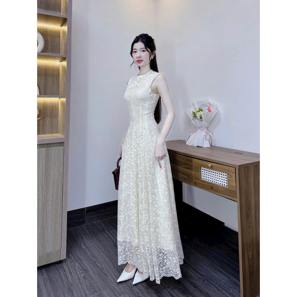 Đầm ren tiểu thư dáng dài vintage cổ điển cổ nơ không tay phong  cách hàn quốc dự tiệc sang trọng