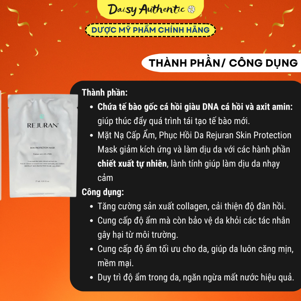 Mặt Nạ PDRN Rejuran Cấp Ẩm, Phục Hồi Rejuran Skin Protection Mask 27ml 1 hộp - 5 mask