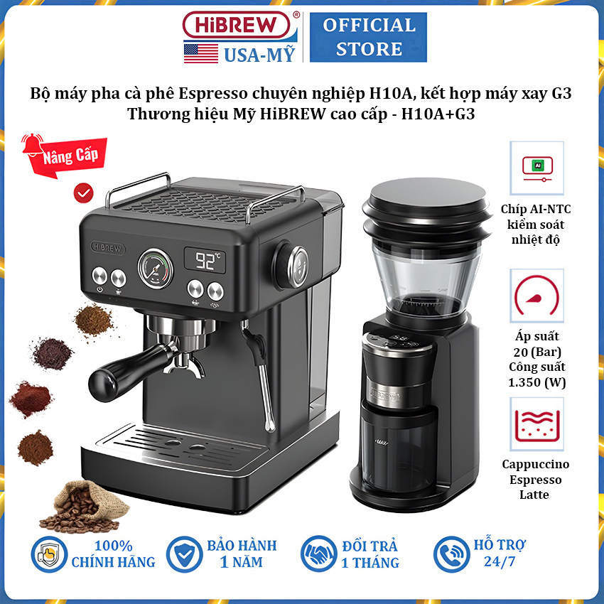 Máy pha cà phê Espresso H10A và máy xay cà phê thương hiệu HiBREW cao cấp - Bảo Hành 12 Tháng [NEW]