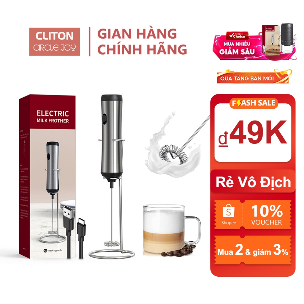 Máy tạo bọt sữa điện CLITON bằng thép không gỉ có chân đế cấp thực phẩm cho cà phê Factpe Latte Matc