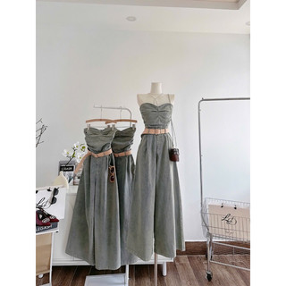 JUMPSUIT JEAN WASH DƠ XẾP NGỰC NHÚN SMOKING SAU KÈM NỊT DA TO