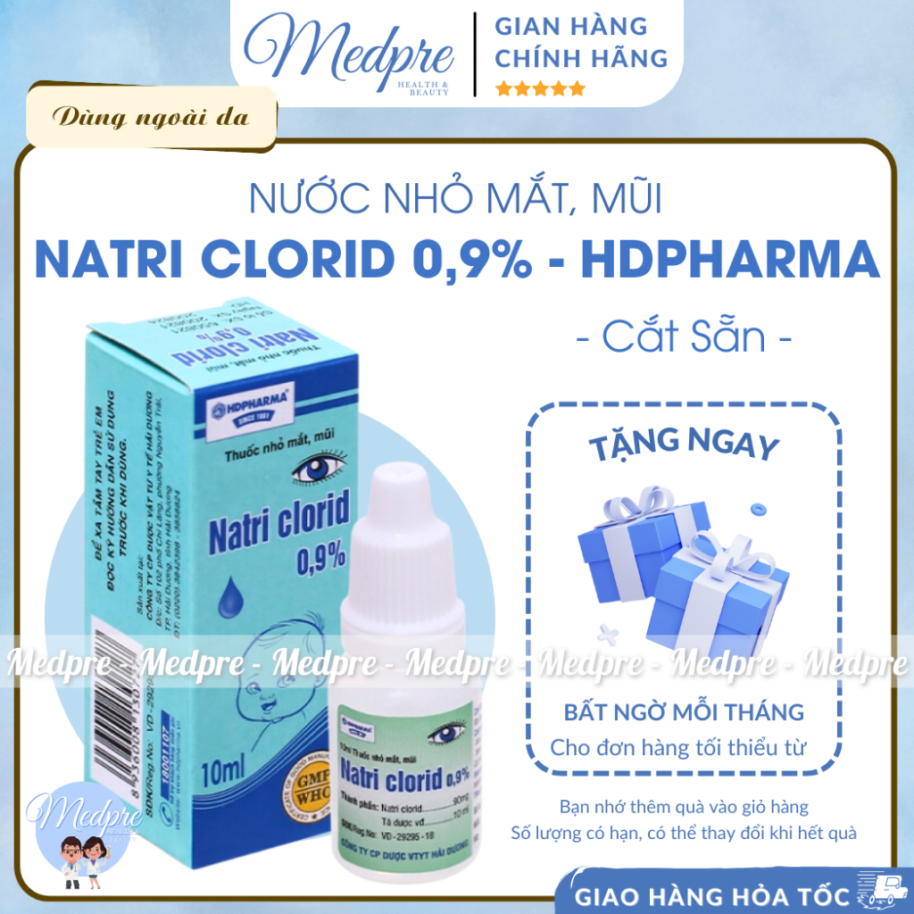 Dung dịch dùng ngoài Nước Muối Sinh Lý 0.9% (NaCl) HDPharma - Nhỏ mắt, nhỏ mũi, vệ sinh da - Chai 10