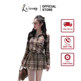  Set Caro Dáng Ngắn Màu Nâu Xanh LECOONG B203 Đầm Tiểu Thư Xếp Ly Sang Chảnh 