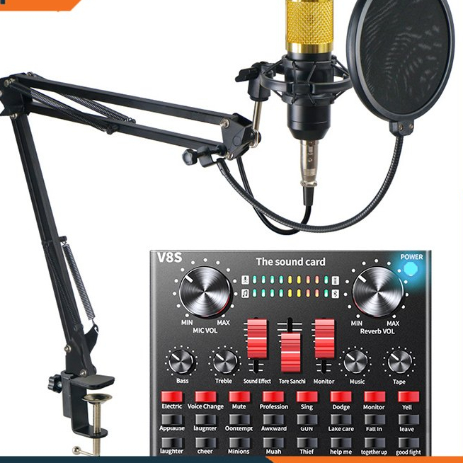 Trọn bộ sound card âm thanh V8S, micro thu âm BM900 và màng lọc kèm mic
