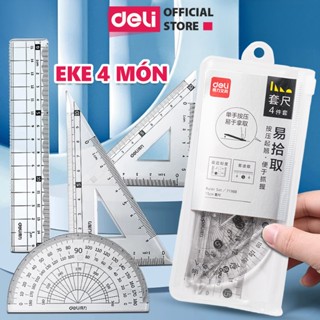 Bộ 4 dụng cụ eke học sinh Deli 1 bộ eke thước kẻ đo góc tam giác vuông Phù hợp với học sinh, dân văn phòng