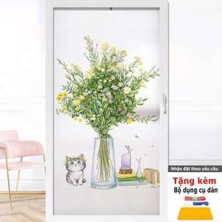  Decal Kính Mờ Chú Mèo và Bình Hoa –  Trang Trí Nhà Cửa Cực Đẹp Tạo Điểm Nhấn Dễ Thương  DK1  