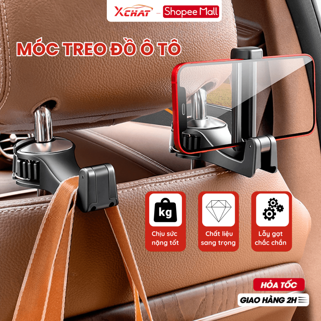 Móc treo đồ trên ô tô gài trước sau ghế XCHAT , kèm gía đỡ kẹp điện thoại trên xe chắc chắn cao cấp