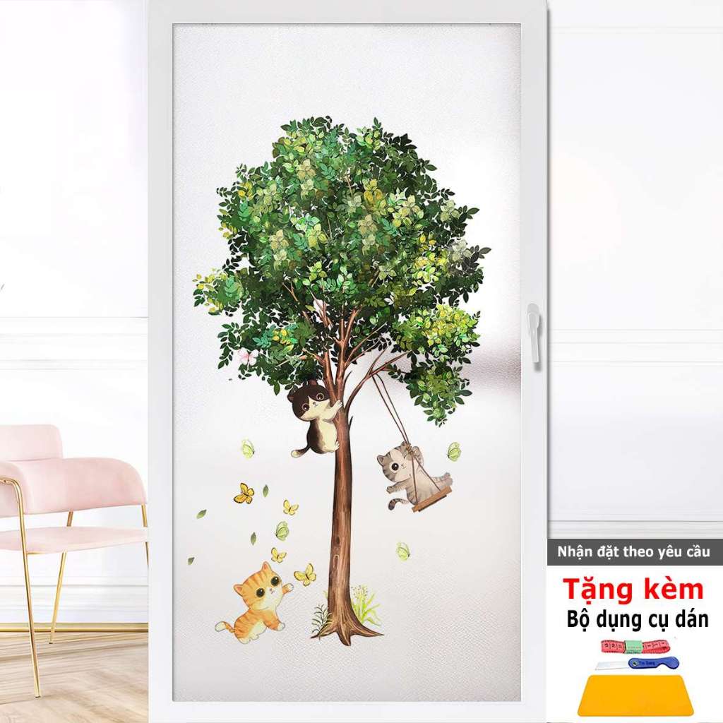 Decal dán kính hình cây và mèo xích đu dễ thương – Chất liệu cát nhám chống nhìn trang trí kính phòn
