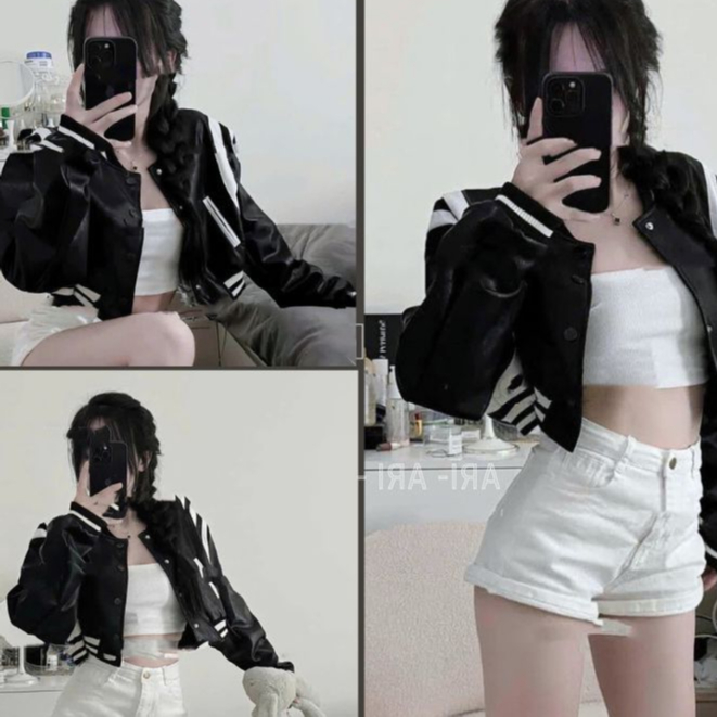Áo Khoác Bomber Teddy Dáng Croptop Da Phối Vai Trắng Mặc Umee