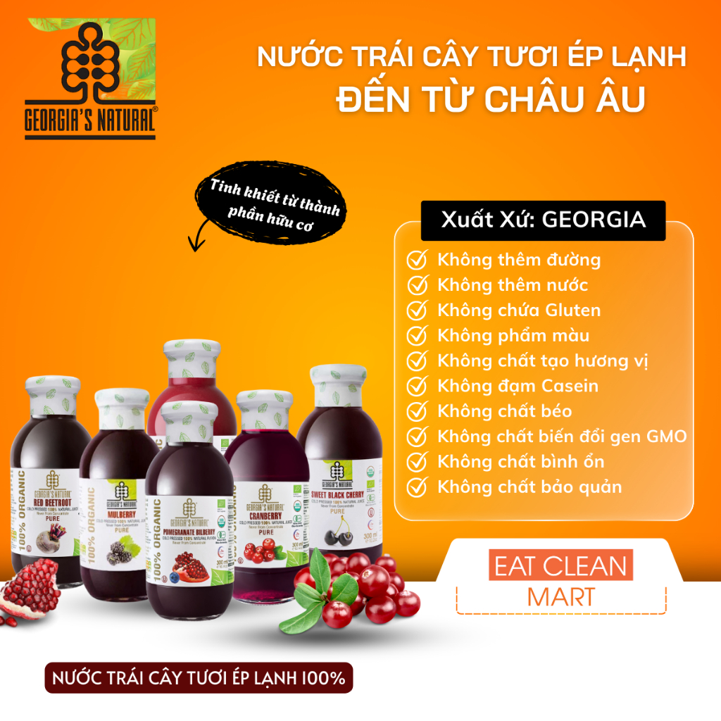 Nước ép trái cây 100% hữu cơ Georgia's Natural ép lạnh nguyên chất, không gluten 300ml