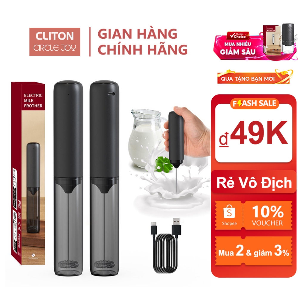 Máy đánh bọt cà phê Cliton, máy đánh trứng mini cầm tay SẠC Type-C, Máy chạy rất mạnh, trục quay cân đối không rung lắc