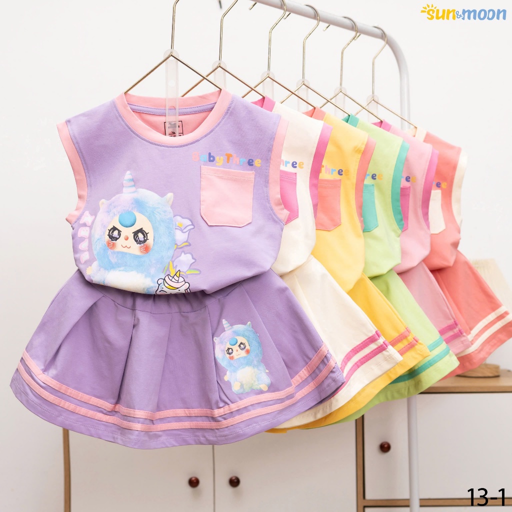 Set váy Sun&Moon thun cotton Baby Three, cô bé tóc xù Enjoy the day từ 14-38kg