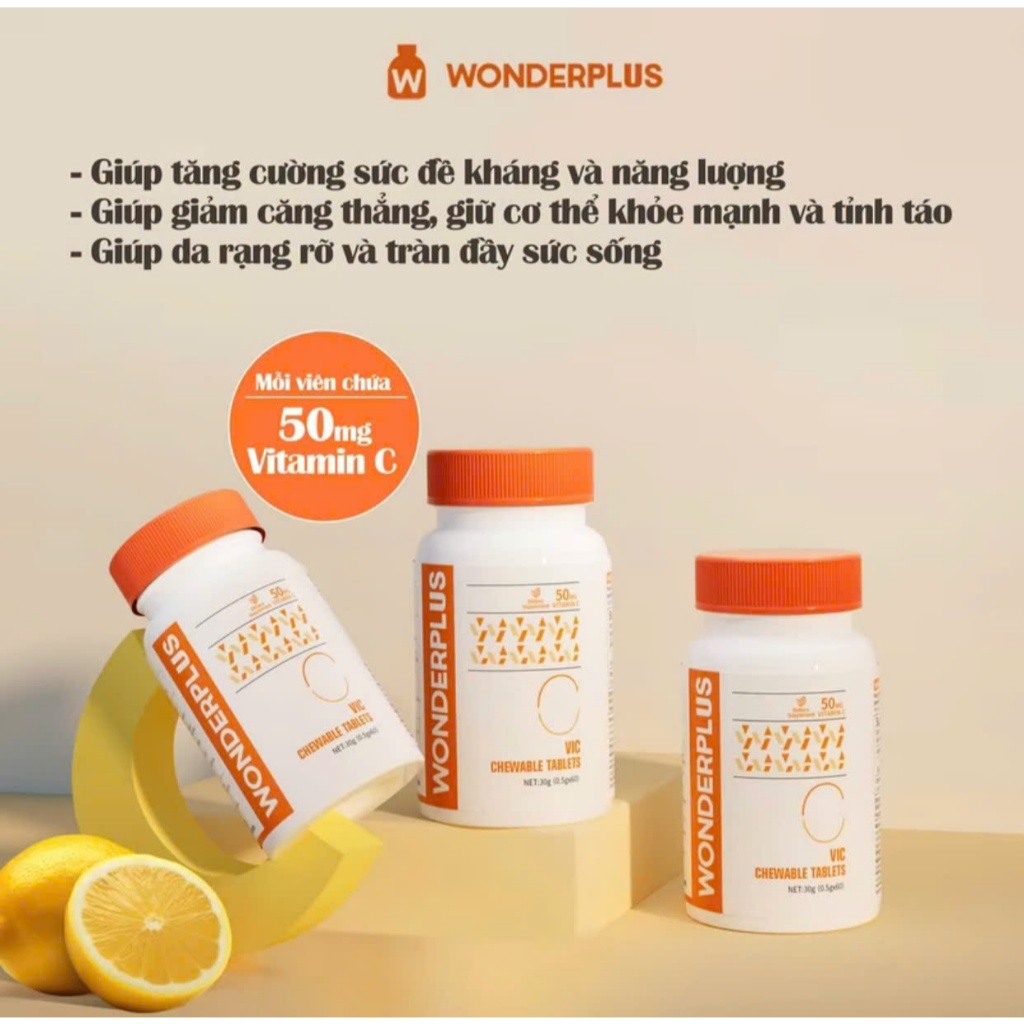 Viên Nhai Bổ Sung Vitamin C Wonderplus 50mg Hương Cam Tự Nhiên, Tăng Đề Kháng, Sáng Da Hộp 60 Viên x