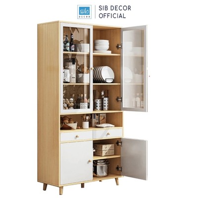[Giao lắp tại TP.HCM] Tủ Gỗ Đa Năng Cửa Kính 80cm, Tủ Decor Phòng Khách, Nhà Bếp Màu Trắng Oak (Sồi) SIB Decor KG21